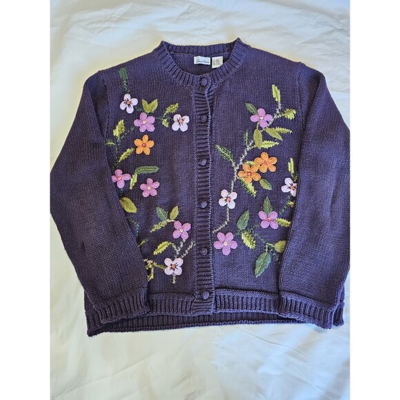 Vintage David Loren Womens L Cardigan Purple Floral Embroidered Grandma Sweater - Picture 5 of 9